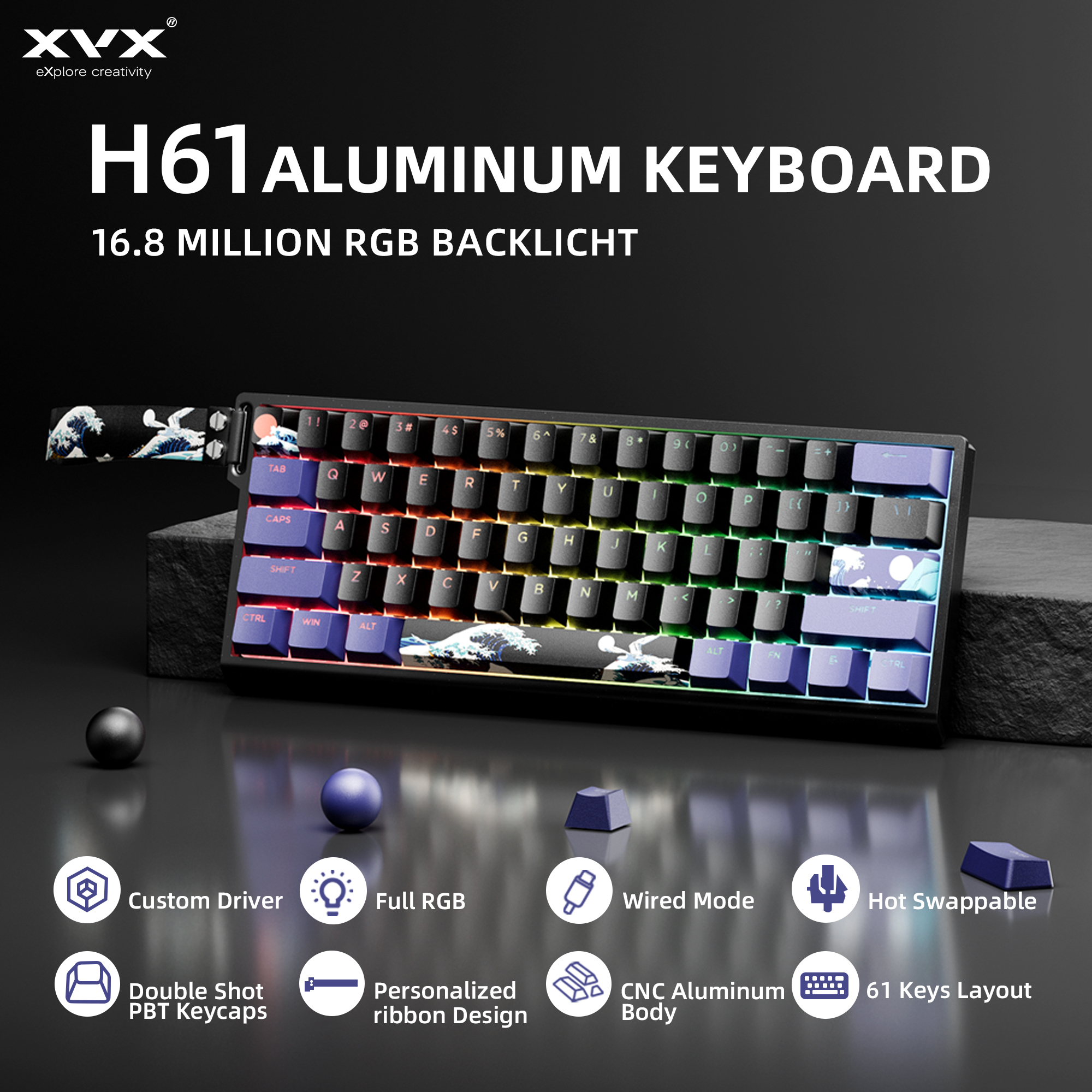 Gaming Keyboard Blue Switches - XVX H61 Wired Aluminum Mechanical Keyboard